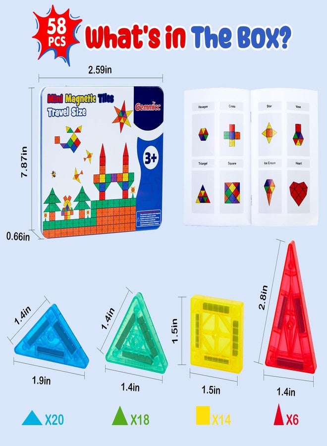 Gemmicc 58 PCS Mini Magnetic Tiles, Travel Magnet Construction Toys with Metal Storage Box, Sensory Montessori Toys for Boys Girls - Image 2